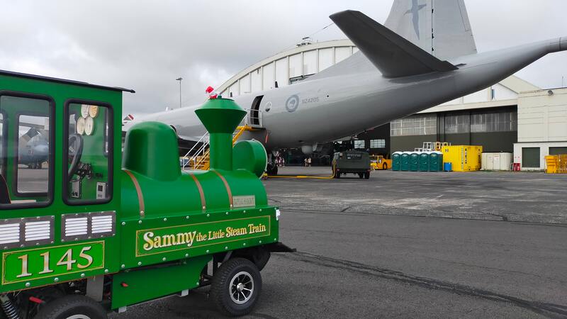 Sammy the Trackless train amusement ride on the Auckland Air force base